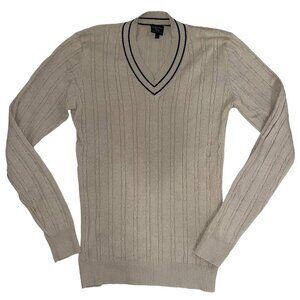 V Neck Cable Linen/Cotton Knit Long Sleeve Sweater